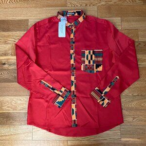 Zeroyaa Men African Prints Long Sleeve Button Up Mandarin Collar Shirt Red L NWT